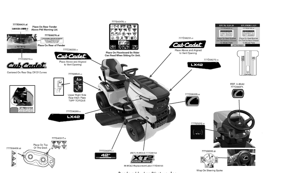 Label Map Diagram and Parts List for XT2-LX42KW (13AGA1TEA10)(2021) Cub Cadet Lawn Tractor
